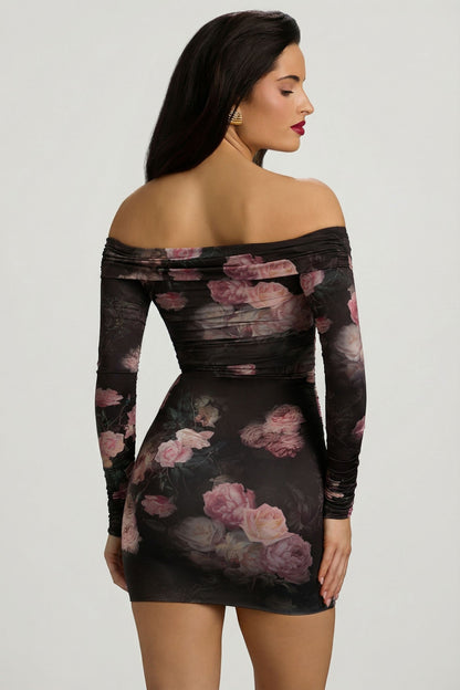Off-Shoulder Ruched Bodycon Mini Dress in Black Floral Print