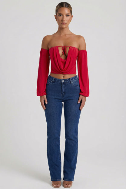 Off-Shoulder Draped Balloon-Sleeve Top in Red
