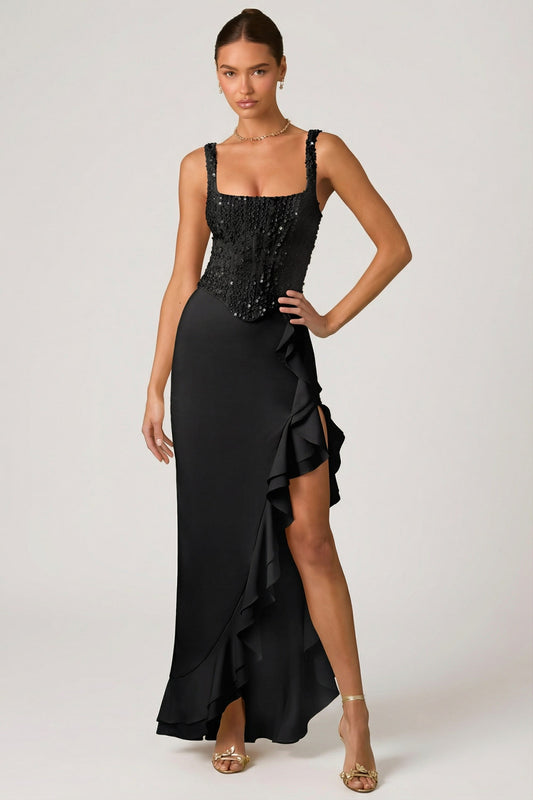 Embellished Ruffle-Trim Corset Gown in Black