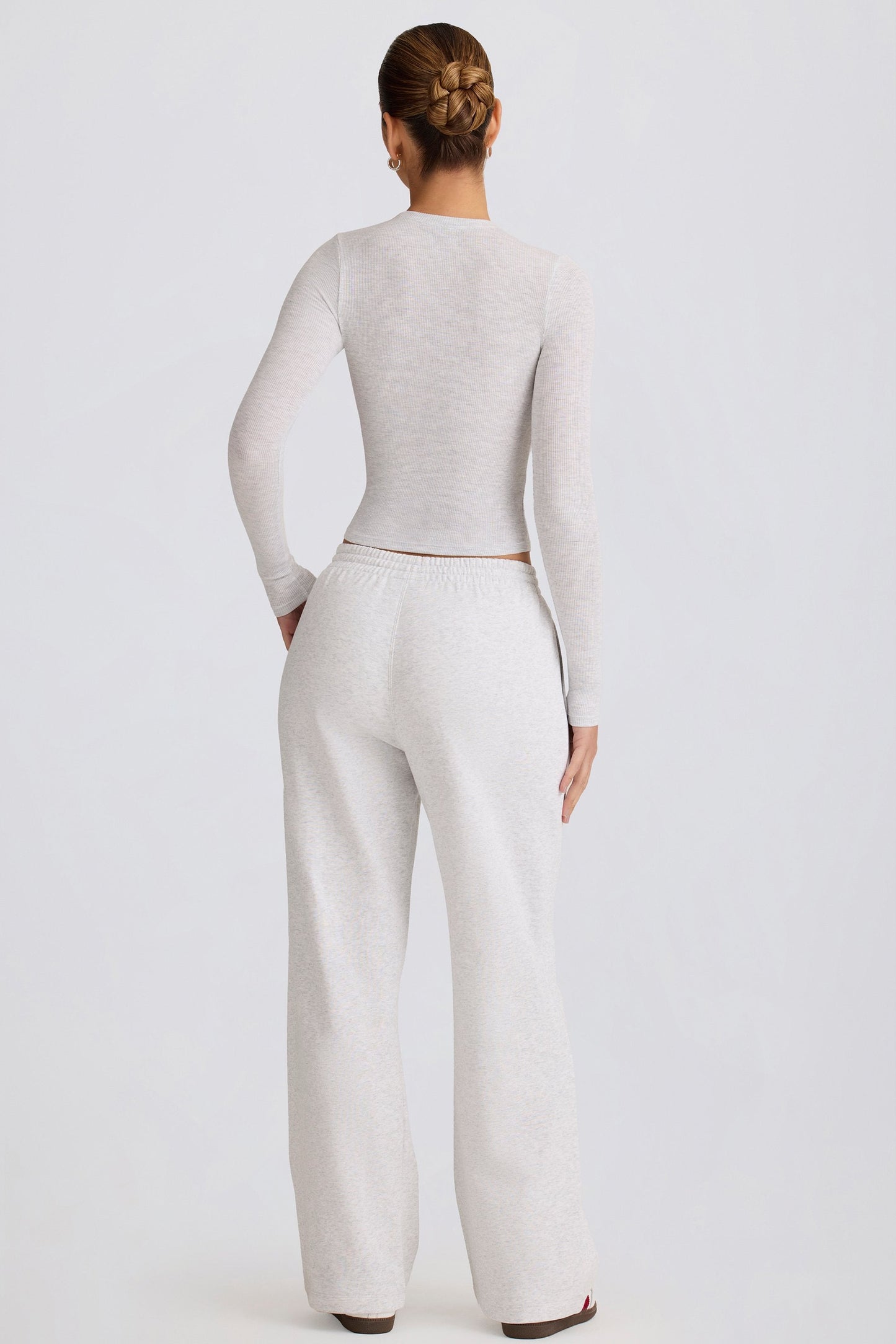 Soft Cotton Mid-Rise Wide-Leg Joggers in Grey Marl